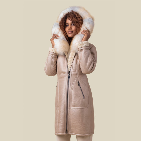 Adora Light Zip White Fur Coat Fox Hood - MarcoPolo NY